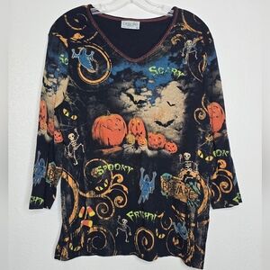 Cactus Bay Halloween Top XL Pumpkins Festival Stretchy Comfy